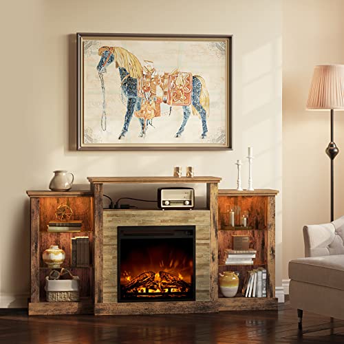 Rolanstar Fireplace Tv Stand With Led Lights And Power Outlets, Tv Console For Tvs Up To 65", Entertainment Center With Adjustable Glass Shelves, Rustic Brown #TOP2