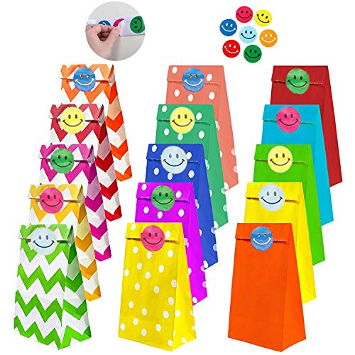 REAMOUS 45 Pcs Bolsas de Regalo Bolsas Papel Kraft Multicolor con 50 Pcs Pegatina Cara Sonriente para Niños Suministros Fiesta de Cumpleaños Pascua Boda, 15 Colores