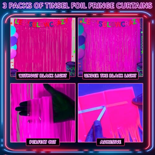 Image of 3 Pack Glow in The Dark Party Supplies, Neon Party Decorations Fluorescent Tinsel Curtains with Let's Glow Crazy Banner, Macaron Fuchsia Photo Booth Backdrop, Neon Glow Birthday Halloween Party Decor