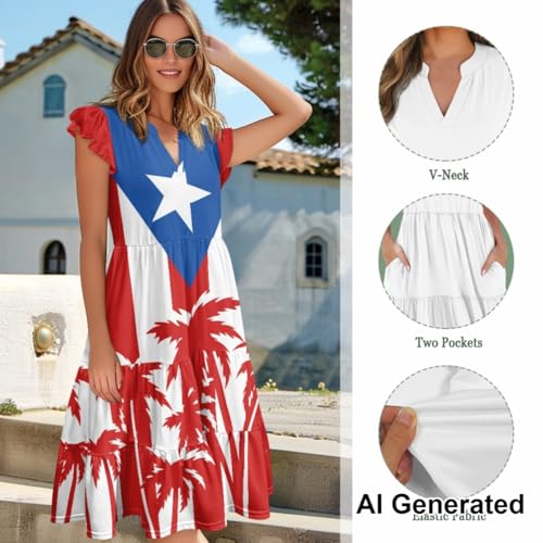 Image of Women's Casual Ruffle Sleeve Dress V Neck Pullover Dress Flowy A-Line Pleated Lightweight Dress with Pockets