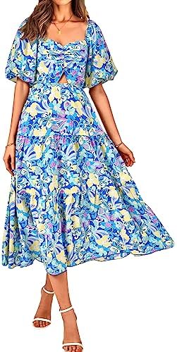 BTFBM Women's Clothing Summer Dresses 2025 Beach Vacation Square Neck Short Sleeve Smocked Back Boho Casual Floral Maxi Dress