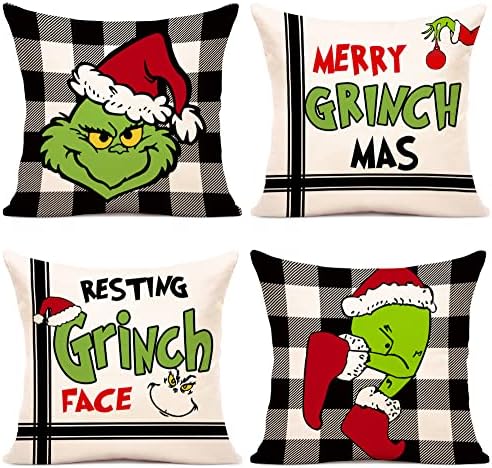 Christmas Pillow Covers 18x18 Set of 4 for Grinch Christmas Decorations Christmas Pillows Xmas Farmhouse Decor Throw Pillow Covers for Porch Decor,Couch ,Bed