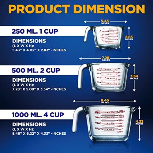 NutriChef 3 Pieces Measuring Cups - BPA-Free Premium Heat Resistant Borosilicate Glass Measuring Cups w/ Handle, Precise Measurement w/ Oz & Ml Scale, in 250ml 500ml & 1000ml, Microwave & Oven Safe - Image 3