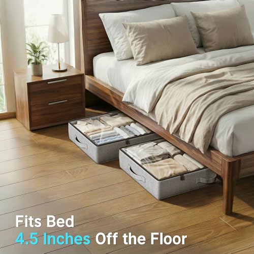 2-Pack-Under-Bed-Storage-Containers-45-Inches-Tall-Clothes-Storage-Grey-Low-Profile-Collapsible-Underbed-Organizer-Bin-with-Sturdy-SidewallsBottom-Cotton-linen-For-Seasonal-Clothes-Bedding