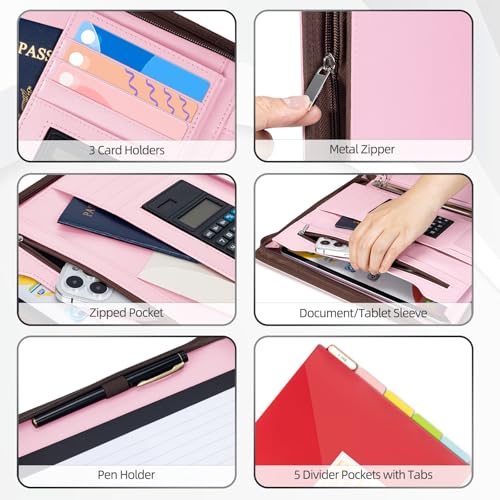 Image of Ospelelf Pink Leather Portfolio Binder 3 Ring, Zippered Clipboard Folder with Storage - 5 Dividers with Pocket, Padfolio for Women,12.1 inch Tablet Sleeve, Refillable Notepad, Card Slot
