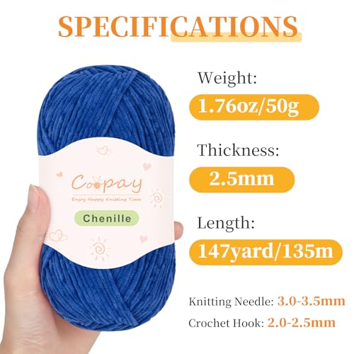 Image of Coopay Skinny Chenille Yarn for Crocheting and Knitting, 12 Pack of 50g /1.76oz - 1764yd Total, Soft Velvet Yarn of Baby Weights - Suitable for Baby Blankets, Plush Toys - Super Soft (Blue Gradient)