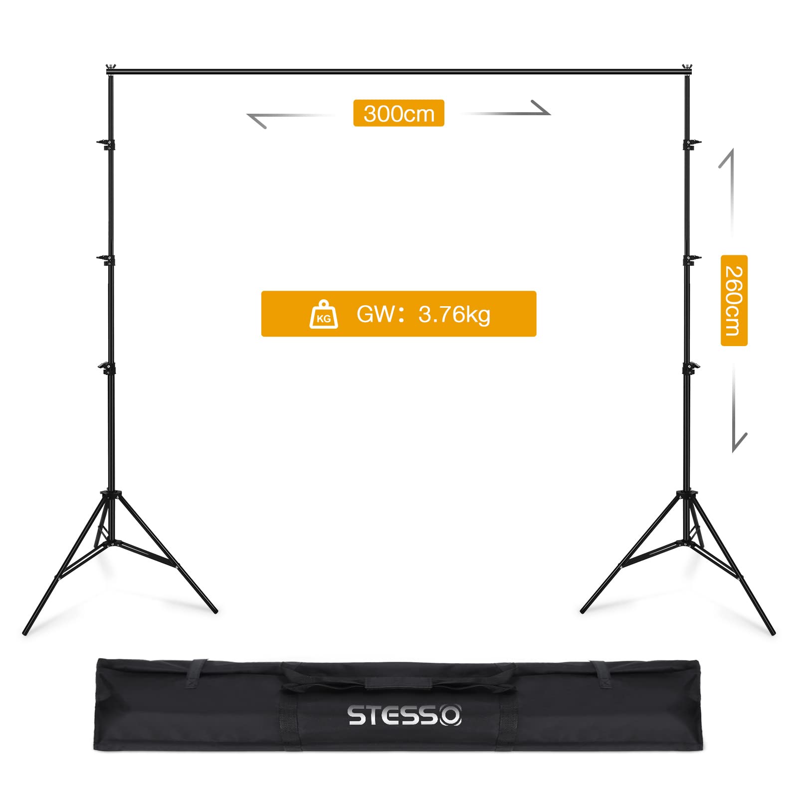 OMBAR 2,6x3M Soporte Fondo Fotografico, para Retrato, Fotografía de Productos y Grabación de Video, Ajustable Soporte Photocall con 4 Abrazaderas Fondo y 2 Bolsas Arena