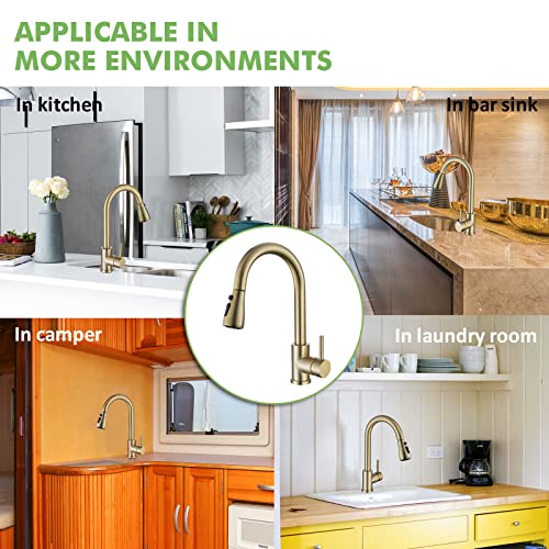 Gold Sink Faucet, Gold Kitchen Faucet With Pull Down Sprayer Stainless Steel Gooseneck For Commercial Or Modern Camper Rv Farmhouse Bar Sink Single Hole One Hole Or 3 Hole Brushed Gold Kitchen Faucet #TOP5