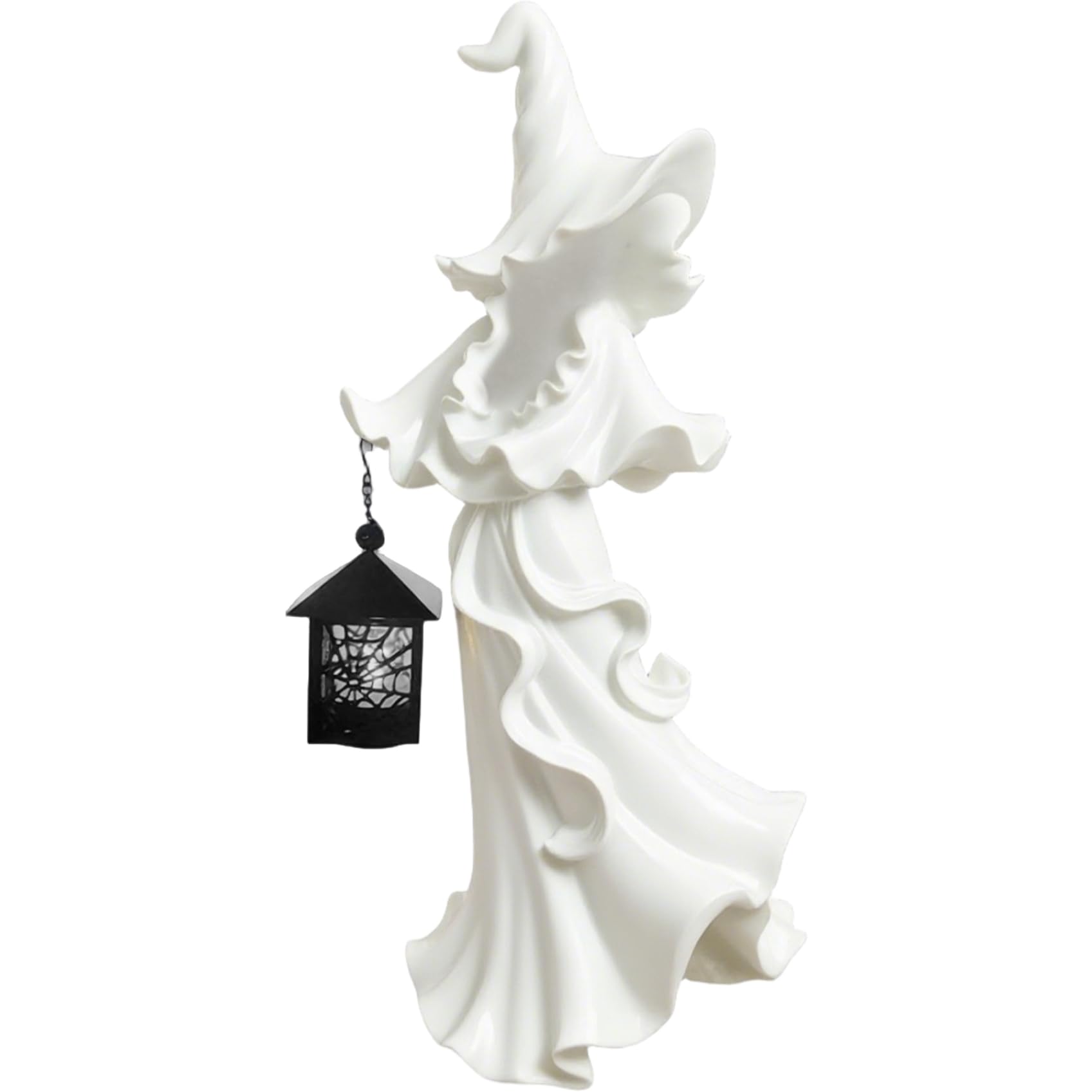 Sjfbebsy Witch Statue, Spooky Faceless Resin Witch Figurine with Lantern Halloween Decor for Indoor Outdoor White, Ghost Decor