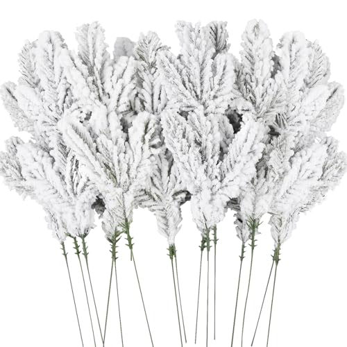 DIYDEC 15pcs Snowy Pine Branches 11.8 Christmas Artificial Pine Picks Branches Snowy Pine Needles Frosted Faux Pine Picks Greenery Stems for Christmas Tree Garland Wreath Vase DIY Crafts Home Winter