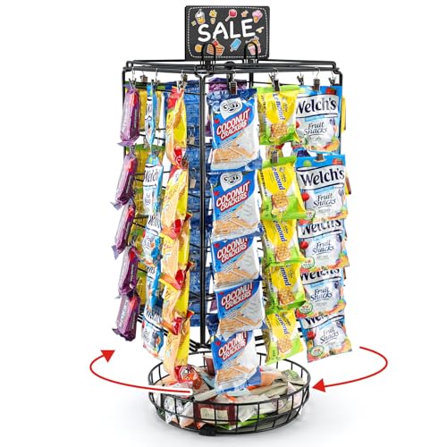 vefix Chip Rack Display Stand, 5 Tiers 60 Clips Snack Retail Display Rack, 360° Rotation Snack Retail Display Rack, Potato Chip Rack, Candy Display Rack, Chip Holder-with Basket