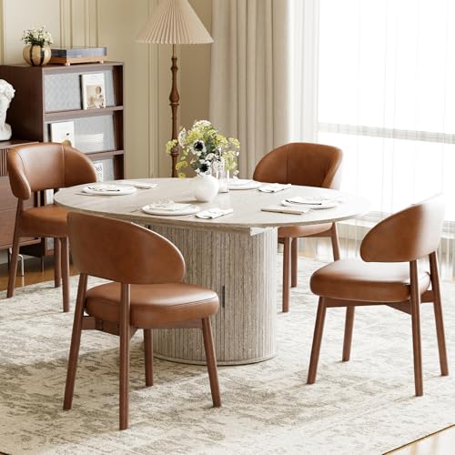 Image of MALOL 47 inch-63 inch Extendable Round to Oval Dining Room Table Chairs Set for 4-8, Modern Wooden Kitchen Table and Chairs with Hidden Storage and Fluted Design for Dining Room /Small Space(White and Brown)
