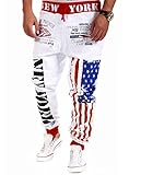 Pishon Men's Jogger Pants Casual Flag Pattern Hip Pop Jogging Cotton Sweat Pants, White, Large