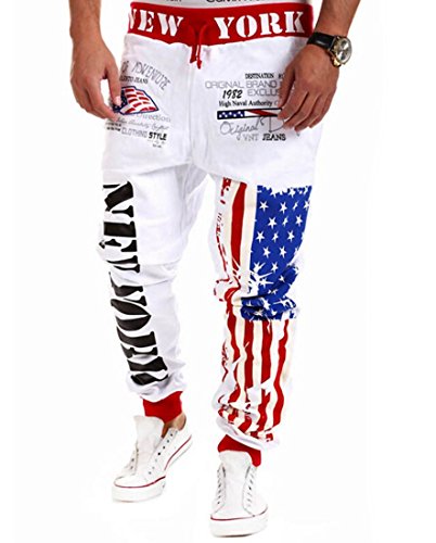 Pishon Men's Jogger Pants Casual Flag Pattern Hip Pop Jogging Cotton Sweat Pants, White, Large