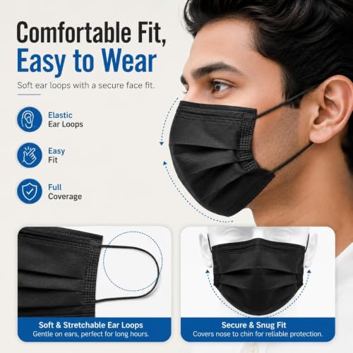 Image of Kausta Disposable 3 Ply Face Mask Pack of 50 | Soft Non-Woven Breathable with Elastic Ear Loops & Adjustable Nose Clip | Comfortable Protection for Daily Use Office & Outdoor | Black, White & Blue