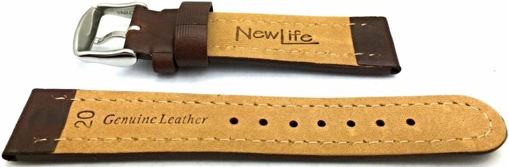 NewLife 20mm Brown Genuine Leather Watchband | Semi-Oily, Center Dimpled, Smooth Replacement Watchstrap with Creamy White Stitches that brings to Any Watch (Mens Standard Length)