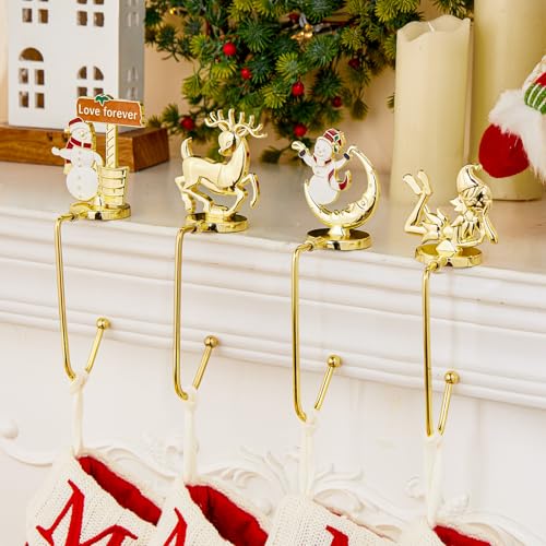 Christmas Stocking Holders for Mantel Set of 4, Non-Slip Adjustable Mantle Stocking Holders, Reindeer Doll Bucket Moon Snowman Fireplace Stocking Hangers Set for Party Christmas Decorations, Gold