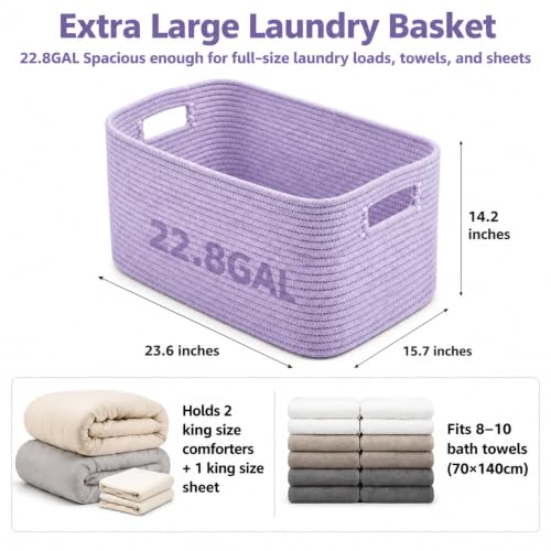 Image of 22.8GAL Extra Large Collapsible Laundry Basket for Dirty Clothes,Shoes, Sturdy Portable Aesthetic Boho Heavy Duty Wicker Hamper for Living Room Thow Pillows Blankets Storage Organizer,Lavender