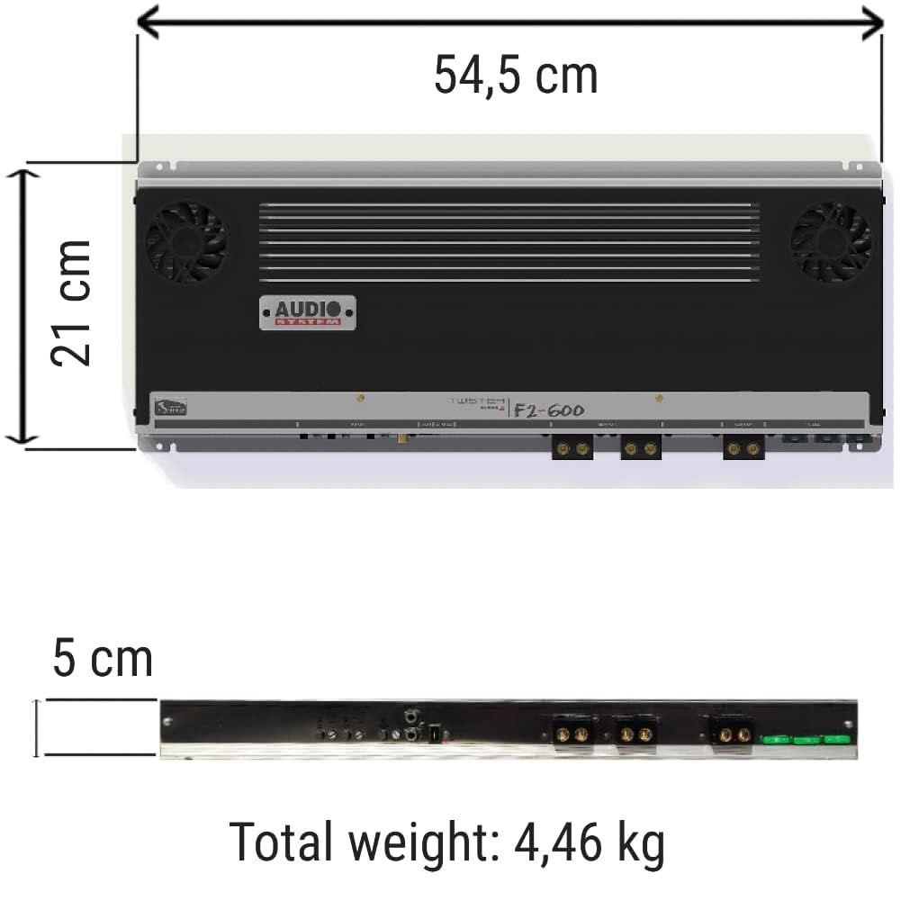 KIT SET PER AUDIO SYSTEM F2-600, 1 amplificatore stereo 2 canali classe ab 2 x 460 watt rms a 2 ohm, 3000 watt max, spl, cofano, auto, 1 pezzo
