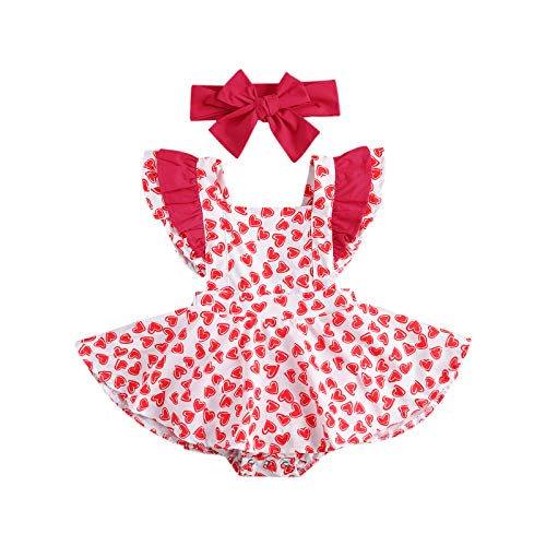 Image of Infant Baby Girl Valentine's Day Outfit Ruffle Sleeve Heart Romper Dress Top with Headband My 1st Valentine's Day (Heart, 0-6 Months)