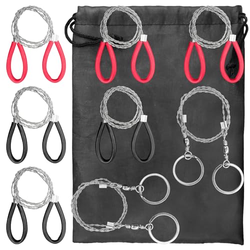 8pcs Stainless Steel Cable Saw, Emergency Survival Rope Cutting Tool, PVC Pipe Cutting Tool for Wooden Camping and Hiking Hunting, Red 3pcs, Black 3pcs, Silver 2pcs, Comes with 1pcs Storage Bag