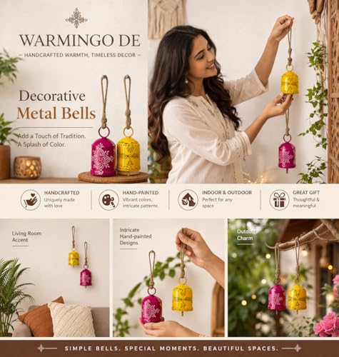 Image of 2 PC Bell Wall Hanging Decor | Garden Tree Hanging Bells Decoration | Handpainted Hanging Ornaments for Home Living Room Wind Chime (Pink & Yellow)