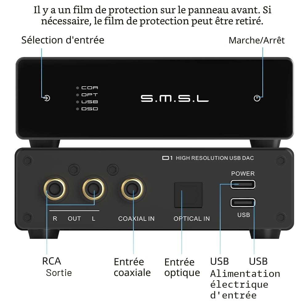 S.M.S.L D1 Hi-Res Audio Dac RohmBD34352EKVchip Touch Control RCA out 768kHz/32bit DSD512 THD+N 0.00038% MQA Audio DAC Dual USB/Optical/Coaxial input SNR126dB for phone/pad/PC/TV/DVD Home Desktop DAC