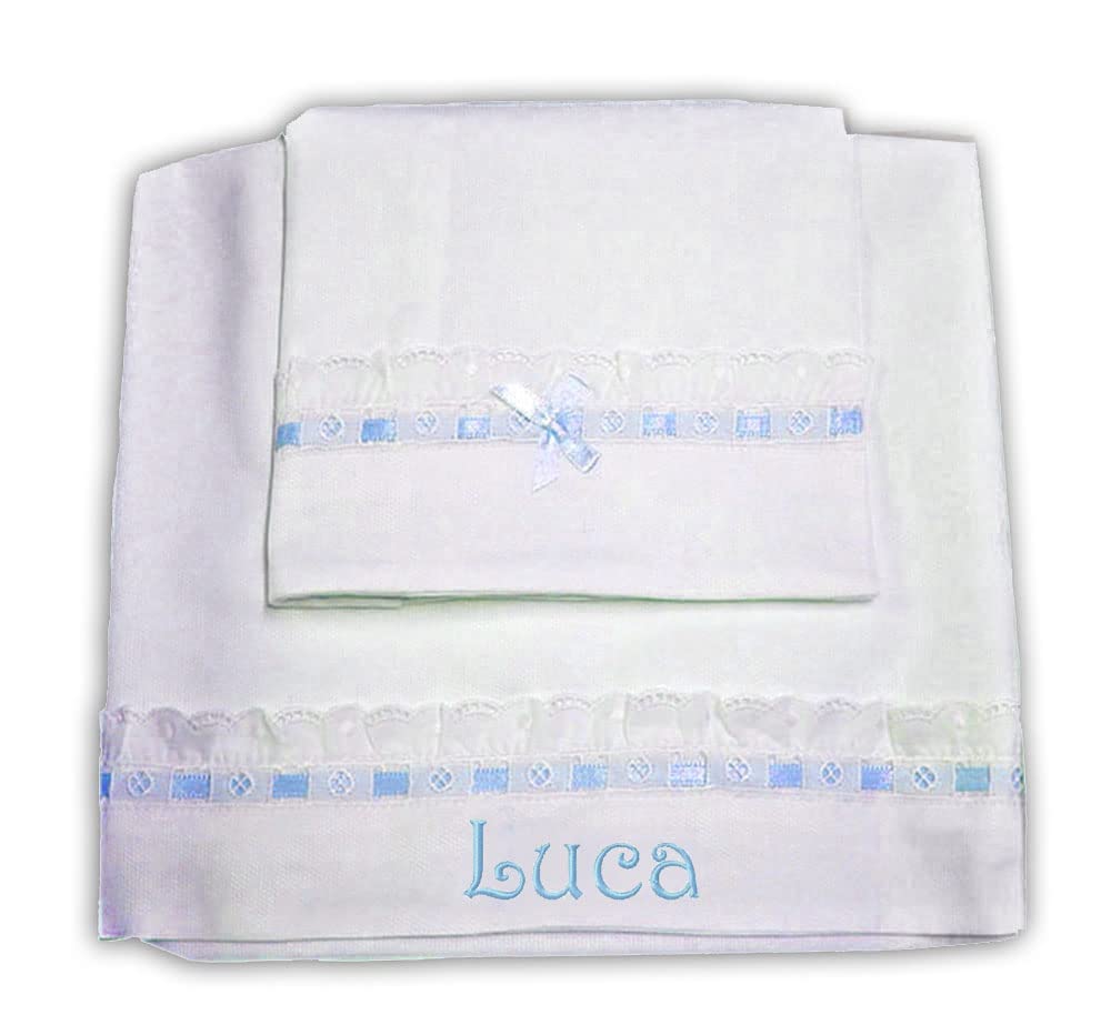 Zigozago - 3-teiliges Baby Bettwäsche Komplett Set "Elegant" mit Sangallo Spitze - 100% Baumwolle, handgefertigt, bestickt und mit Namen personalisierbar