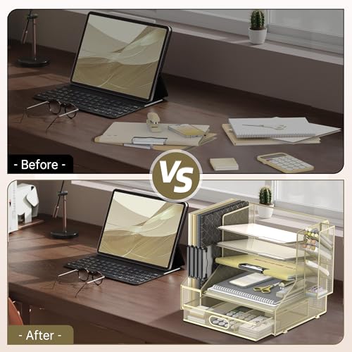 DALTACK Organizador de papel para mesa com 3 porta-canetas, bandeja organizadora de mesa de 6 camada