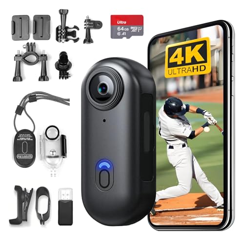 H8 64GB 4K Thumb Action Camera, Mini Body Cameras, Wearable Pocket Vlogging Camera, Multiple Accessory Mount Anywhere Small Portable Hands-Free Helmet Cam for Work, Cycling, Travel, Pet Walking (Black