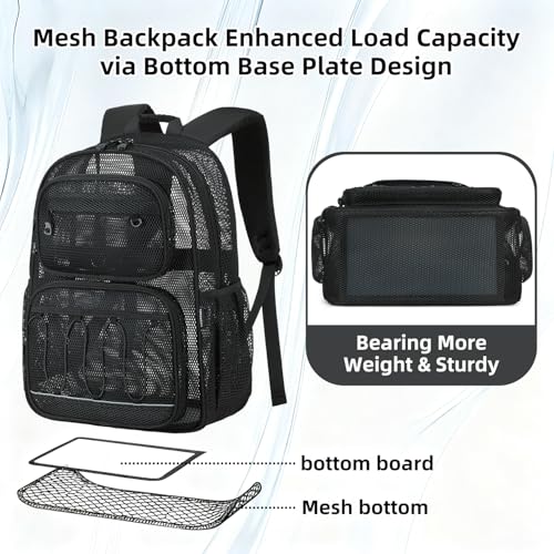 Image of Heavy Duty Mesh Backpack with Rain Cover For Stadium Event,16in Net Bookbag | Black See Through Net Backpack Semi-Transparent Large Lightweight Breathable for School Work Swimming Beach Fitness Sport