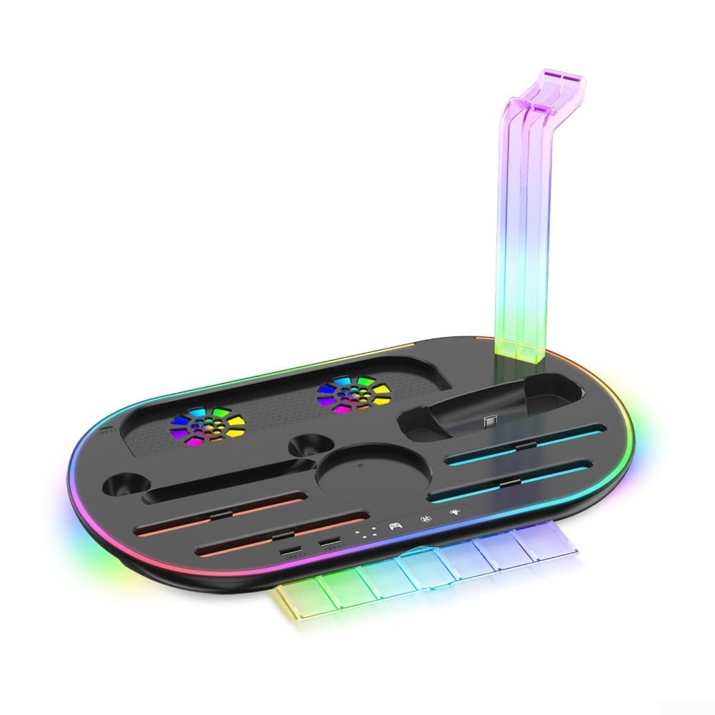 Ladestation für Nintendo Switches 2 Konsole mit integriertem Lüfter, 7 Kartenspeicher, Controller-Organizer, Dock, 9 RGB-Lichtmodi, ABS-Material, Gaming-Zubehör, Ständer (weiß)