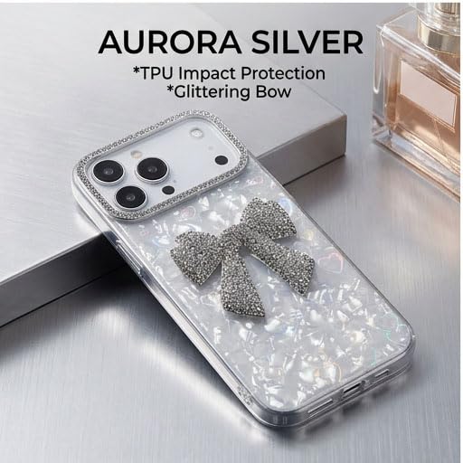 Image of mobistyle Compatible with iPhone 17 Pro Max | Rhinestone Bow Elegant Heart Shell Pattern and Camera Lens Protection Back Cover Case for Women Girls iPhone 17 Pro Max (White)