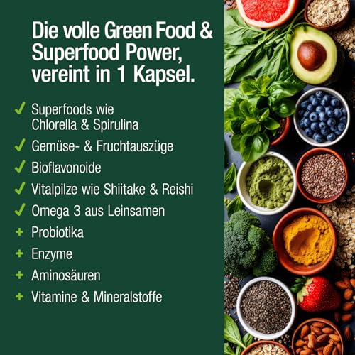 VITACTIV Multi Green Life - Green Food Multivitamin Präparat - Natur Komplex 100 Nährstoffe - Vitamin C, D, E, B Vitamine - Mineralien, Enzyme, Omega3, Vitalpilze, Probiotika, Superfood - 90 Kapseln