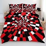Housse de Couette 135x200 Enfant Plaid Rouge Noir Blanc - Parure de Lit Motif Moderne Géométrique Réversible avec 2 Taies d'oreiller 65x65, Microfibre Ultra Douce avec Fermeture Éclair U4f220