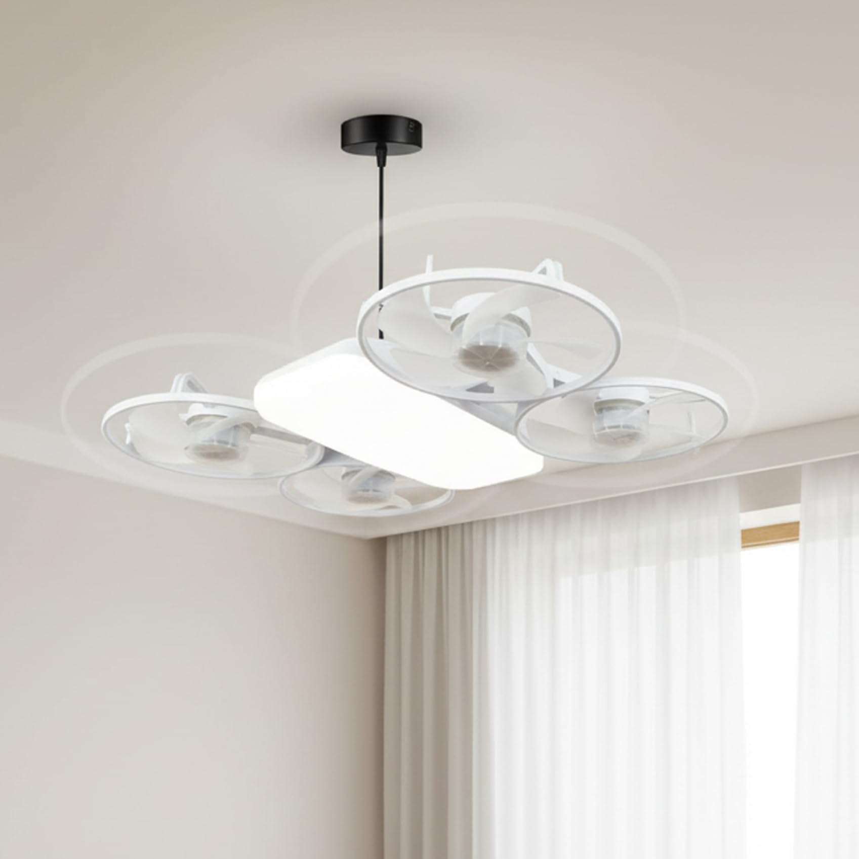 SXDMOUBK Ceiling Fan with Lights, Bedroom Ceiling Fan with Lights, Drone-Inspired Led - 360° Surround Airflow, Dimmable Light Remote, E27 Socket, Extension Rod Included (White), LED, Light