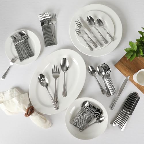 Image of Gibson Home Sinta 87-Piece Stainless Steel Flatware Set with Bead Border Design - Service for 12 Plus Serving Utensils, Polished Silverware, Dishwasher Safe