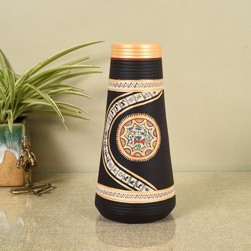 Image of Aakriti Art Creations Ethnic Elegance Vessel | Handcrafted Terracotta Warli Art Vase | Matte Finish Black Decorative Vase for Living Room Decor, Table Decor, Shelf Decor & Gifting