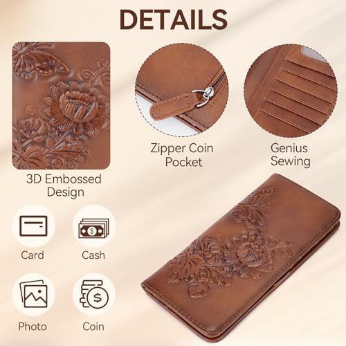 Image of Wallet Women Ultra Slim Thin Rfid 3D Embossed Vegan Leather Womens Wallet Clutch Long Ladies Wallet (02-Red-Brown)