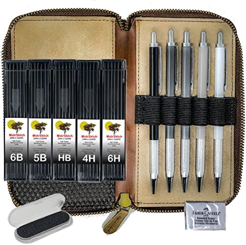 MstrSktch Metal Mechanical Drawing Pencils for Sketching in Leather Pencil Case, 2mm Lead Refills and Kneaded Eraser for Artists, Draftsman and Designers