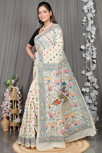Image of DipDiya Cotton Traditional Bengali White Kantha Stitch Saree with blouse piece