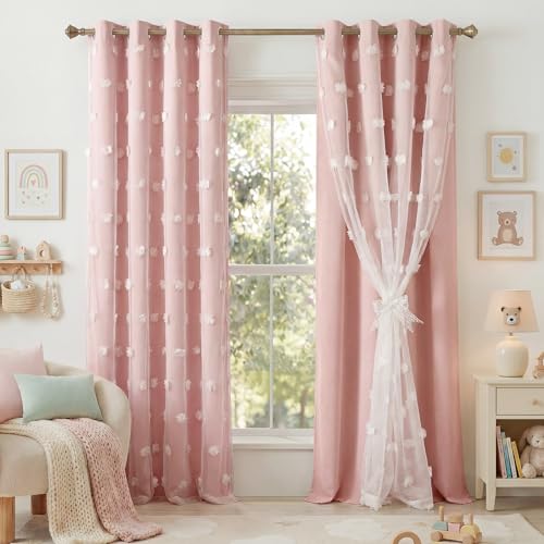 RYB HOME Pink Pom Pom Curtains for Girls Bedroom Nursery - Double Layer Sheer Tulle Overlay Room Darkening Drapes Thermal Insulated Window Treatment with 2 Bow Tie-Backs 2 Panels W52 x L84