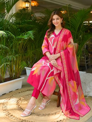 Image of ANNI Designer Cotton Blend Printed Straight Kurta with Pant and Dupatta for Women | Cotton Blend Pink | 3 /4 Sleeve | V-Neck | Ethnic Wear Casual Wear