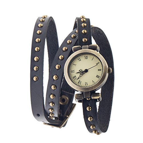 Elegant Retro Style Ladies Quartz Wrist Watch With Black Leather Wrap Around Bracelet And Bronze Studs By VAGA