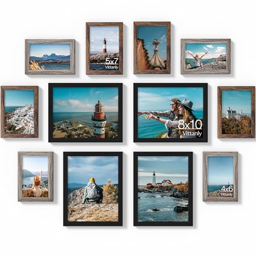 Image of Vittanly 12 Pack Picture Frames Collage Wall Decor for Mounting or Tabletop Display, Gallery Wall Frame Set for Family, Multi Sizes Including 4pcs 8x10, 4pcs 5x7, 4pcs 4x6, Black, Brown and Dark Grey