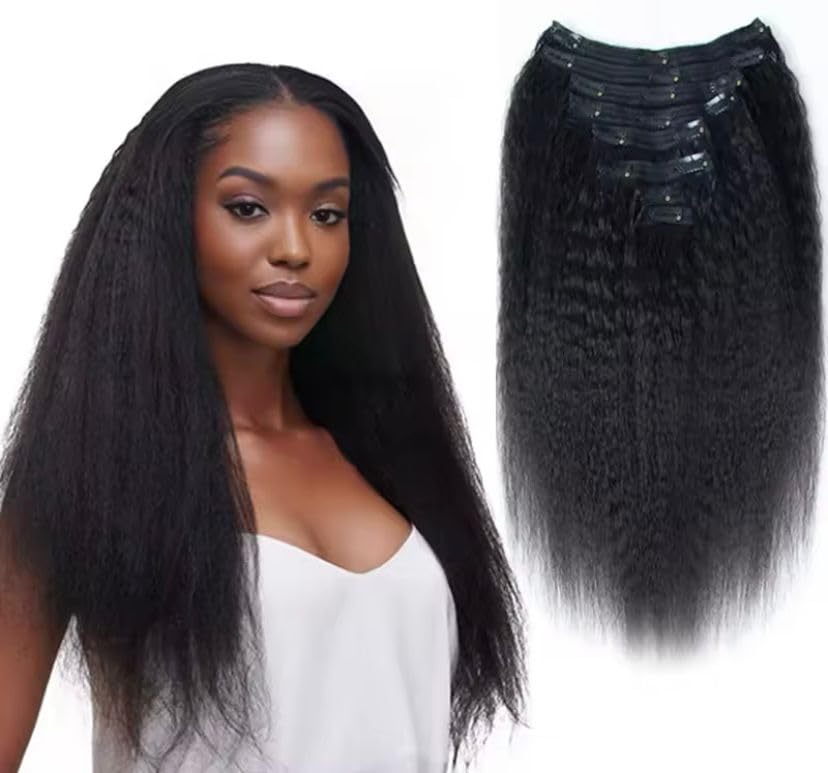 Extensions kinky cheveux humains clips noir 8 pièces contre manque de volume