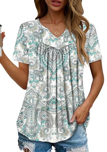 KISSMODA Tops for Womens Summer Cute Short Sleeve Shirts Trendy Notched Neck Blouses Casual Loose Pleated Tunics S-3Xl