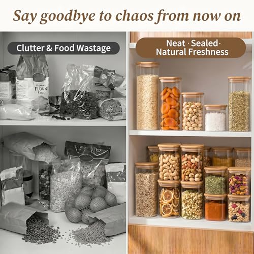SENTVEND-37-Oz-Glass-Jars-6-Pack-Food-Storage-Containers-with-Lids-Square-Food-grade-durable-clear-canister-Bamboo-seal-cover-Stackable-BPA-Free-Ideal-for-sorting-oats-Coffee-beans-Nuts-More