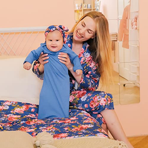 Rnoony Mommy And Me Robe And Swaddle Set, Maternity Robe And Matching Baby Set, 2 Matching Hospital Outfits Blankets For Boys Girls, M/L Size (Blue) #TOP2