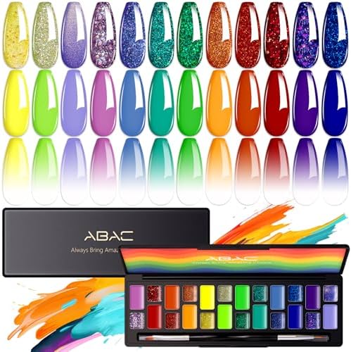 ABAC 24 Color Solid Gel Nail Polish,Ombre Gel Nail Polish,Pat Paint Nail Gel - Rainbow Shades Yellow/Ocean Blue Hema-Free w/Brush,LED Curing for Everyday Wear,Party Nails Pro Salon DIY Set